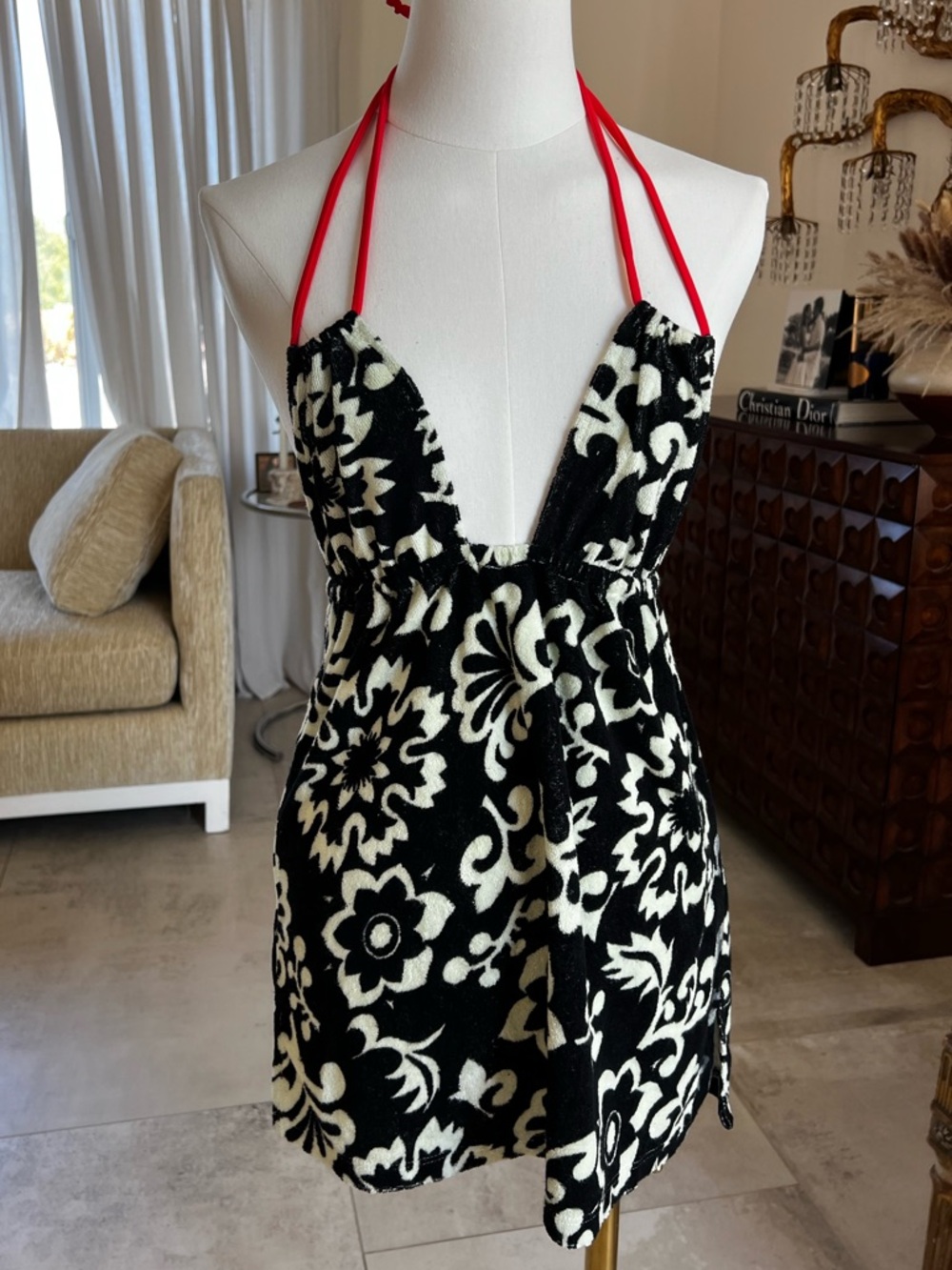 Black & White Floral Halter Mini Dress with Red Straps